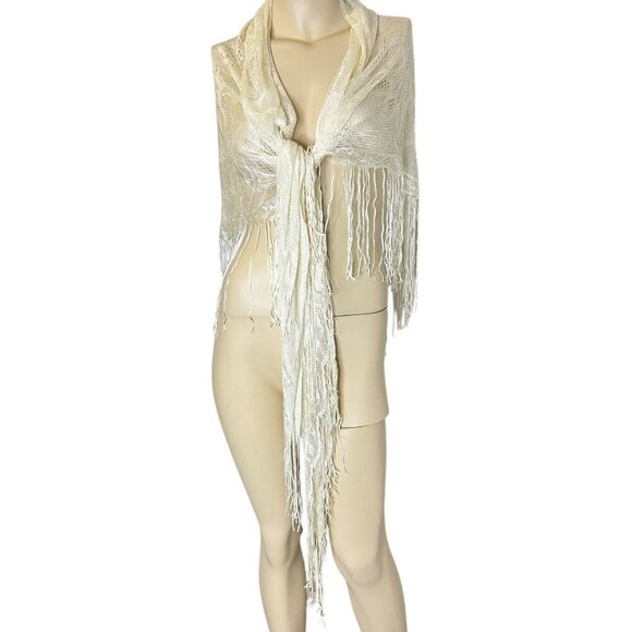 3/$25 VTG 60s Triangle Shawl Throw Cream Lace JAPAN 80x34 Scarf 9" Fringe Lotus - Picture 4 of 4